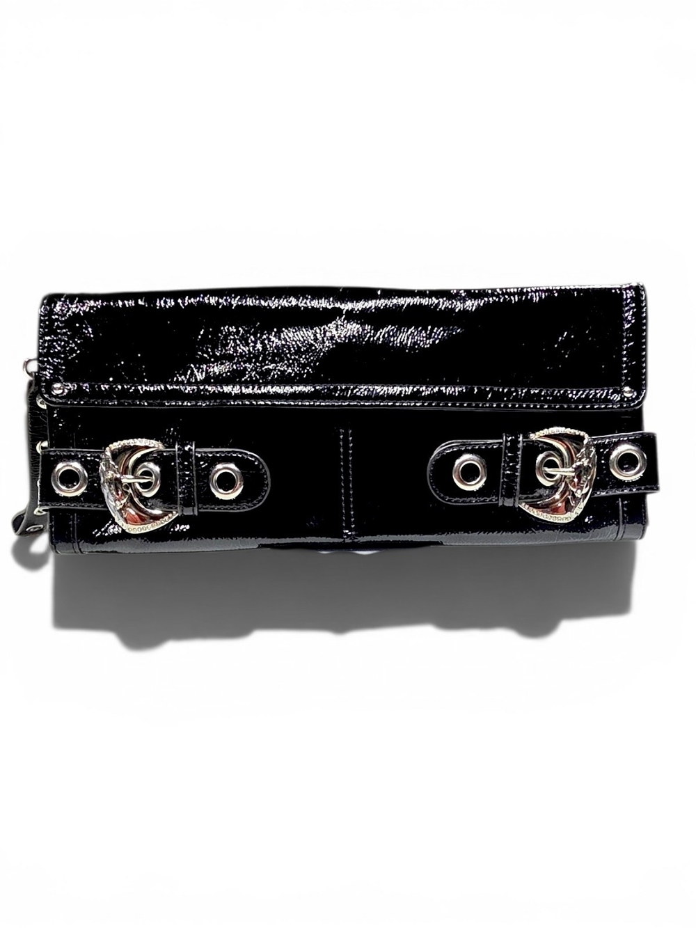 Kathy Van Zeeland Black Patent Clutch | Double Buckle Detail, Pink Interior 13x6